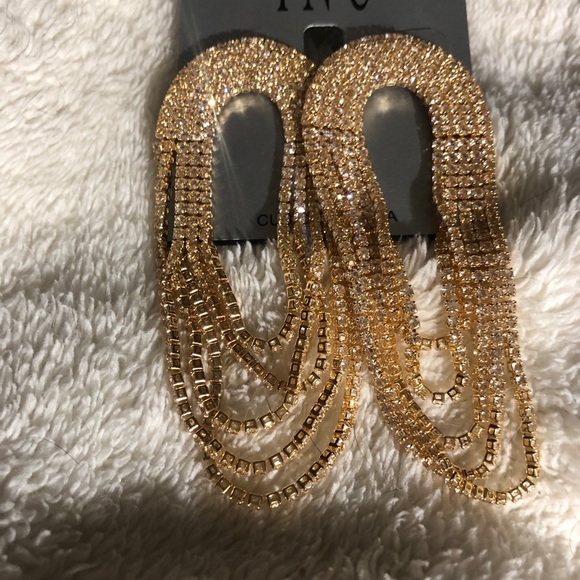 New INC Gold-Tone Rhinestone Chain Loop Earrings - Picture 3 of 4